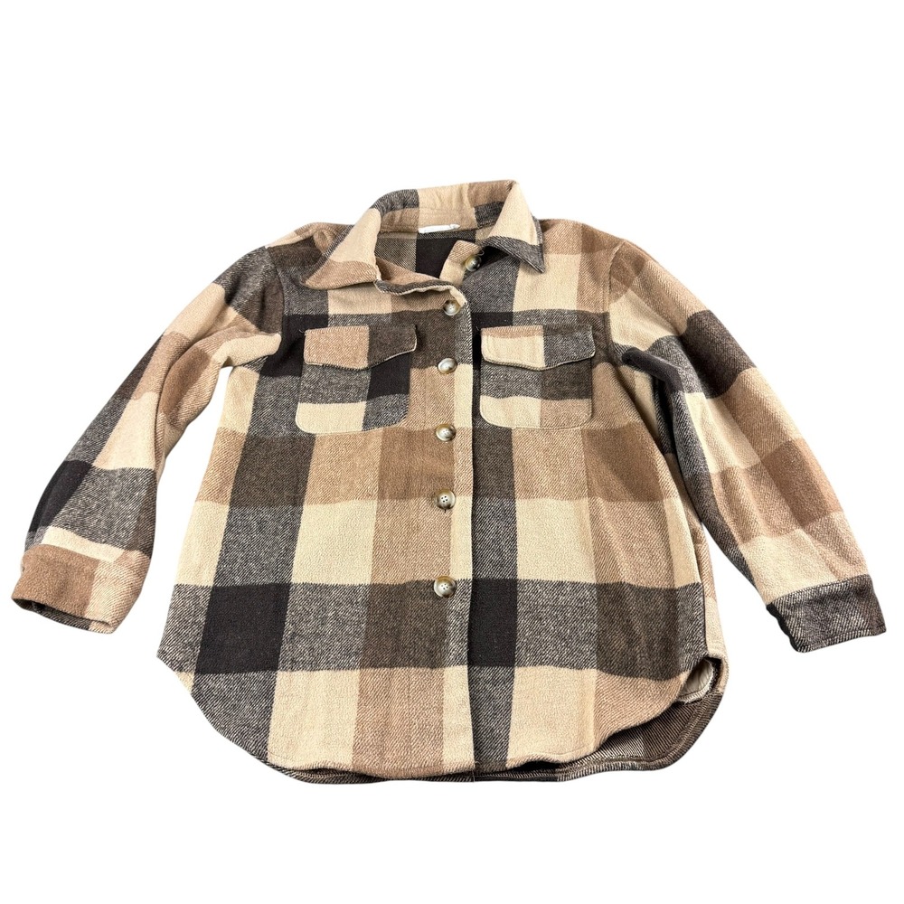 12th Tribe Brown Tan Buffalo Plaid Oversized Shacket Button Up Jacket Medium